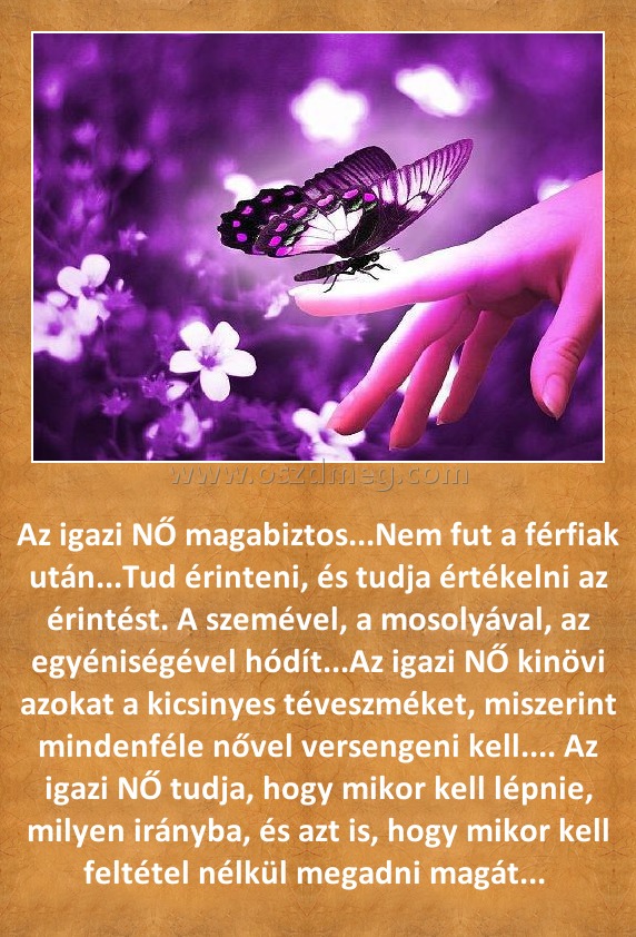 
 
Az igazi NŐ magabiztos...Nem fut a férfiak után...Tud érinteni, és tudja értékelni az érintést. A szemével, a mosolyával, az egyéniségével hódít...Az igazi NŐ kinövi azokat a kicsinyes téveszméket, miszerint mindenféle nővel versengeni kell.... Az igazi NŐ tudja, hogy mikor kell lépnie, milyen irányba, és azt is, hogy mikor kell feltétel nélkül megadni magát... 