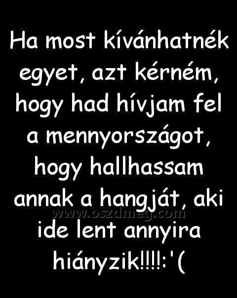 Ha most kívánhatnék egyet
 
Ha most kívánhatnék egyet, azt kérném, hogy had hívjam fel a mennyországot, hogy hallhassam annak a hangját, aki ide lent annyira hiányzik!!!!:'(