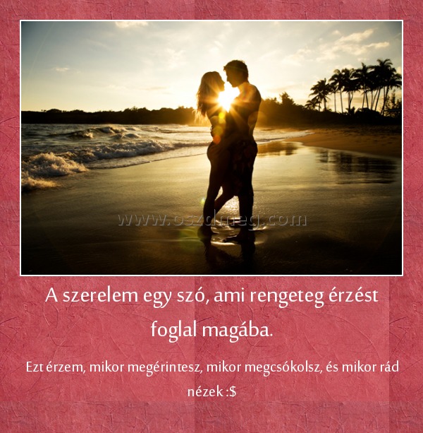 A szerelem egy szó, ami rengeteg érzést foglal magába.
 
Ezt érzem, mikor megérintesz, mikor megcsókolsz, és mikor rád nézek :$