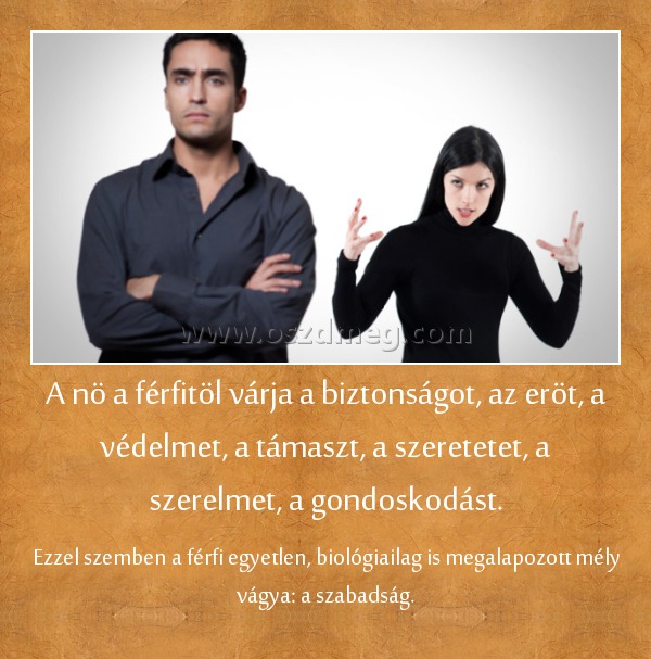 A nö a férfitöl várja a biztonságot, az eröt, a védelmet, a támaszt, a szeretetet, a szerelmet, a gondoskodást.
 
Ezzel szemben a férfi egyetlen, biológiailag is megalapozott mély vágya: a szabadság.