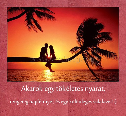 Akarok egy tökéletes nyarat,
 
rengeteg napfénnyel, és egy különleges valakivel! :)