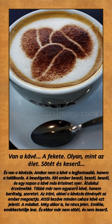 Van a kávé... A fekete. Olyan, mint az élet. Sötét és keserű...
 
És van a kávézás. Amikor nem a kávé a legfontosabb, hanem a találkozás. A beszélgetés. Két ember beszél, beszél, beszél, és egy napon a kávé más értelmet nyer. Átalakul érzelmekké. Többé már nem egyszerű kávé, hanem barátság, szeretet. Az iránt, akivel a kávézás élményét az ember megosztja. Attól kezdve minden csésze kávé ezt jelenti. A másikat. Még akkor is, ha nincs jelen. Emléke, emlékeztetője lesz. És ekkor már nem sötét, és nem keserű. 