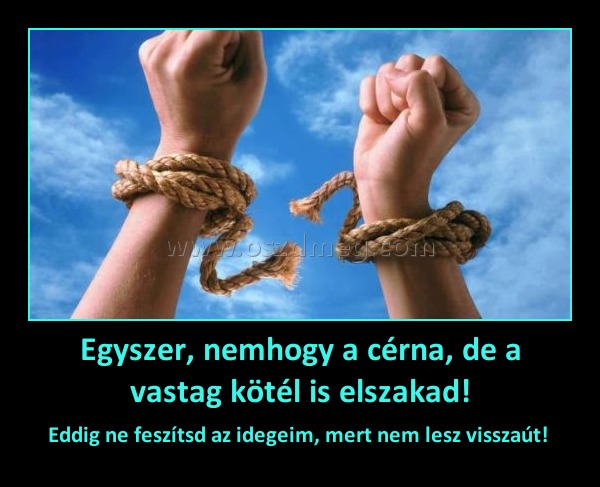 Egyszer, nemhogy a cérna, de a vastag kötél is elszakad!
 
Eddig ne feszítsd az idegeim, mert nem lesz visszaút! 