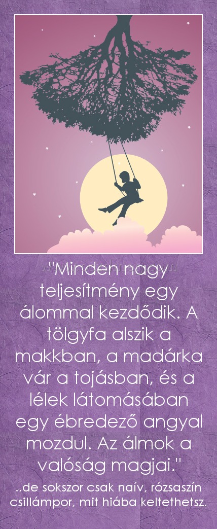 "Minden nagy teljesítmény egy álommal kezdődik. A tölgyfa alszik a makkban, a madárka vár a tojásban, és a lélek látomásában egy ébredező angyal mozdul. Az álmok a valóság magjai."
 
..de sokszor csak naív, rózsaszín csillámpor, mit hiába keltethetsz.