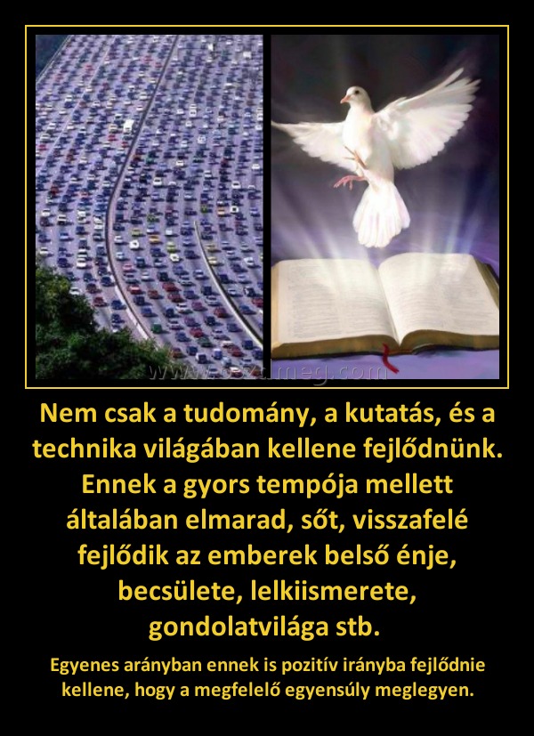 Nem csak a tudomány, a kutatás, és a technika világában kellene fejlődnünk. Ennek a gyors tempója mellett általában elmarad, sőt, visszafelé fejlődik az emberek belső énje, becsülete, lelkiismerete, gondolatvilága stb. 
 
Egyenes arányban ennek is pozitív irányba fejlődnie kellene, hogy a megfelelő egyensúly meglegyen.