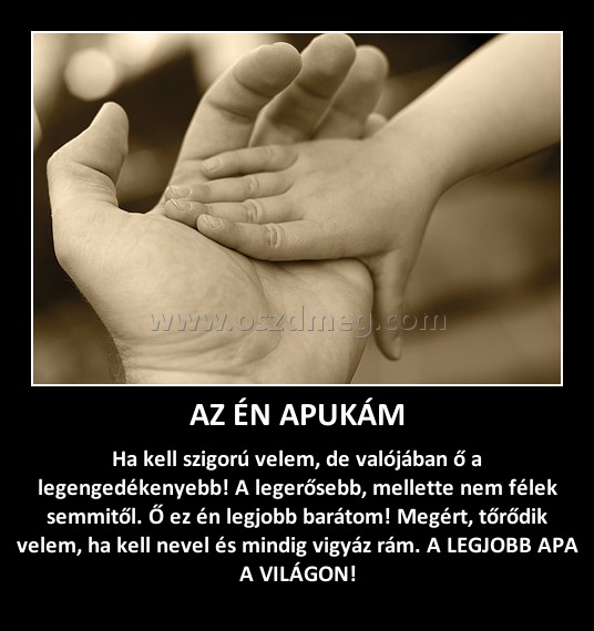 AZ ÉN APUKÁM
 
Ha kell szigorú velem, de valójában ő a legengedékenyebb! A legerősebb, mellette nem félek semmitől. Ő ez én legjobb barátom! Megért, tőrődik velem, ha kell nevel és mindig vigyáz rám. A LEGJOBB APA A VILÁGON!