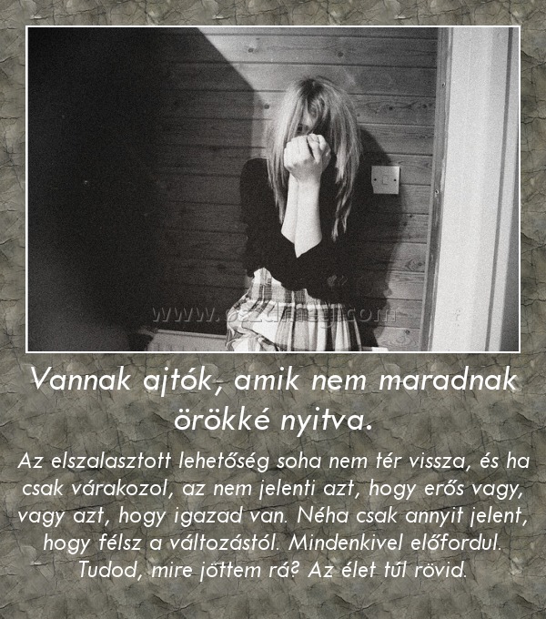 Vannak ajtók, amik nem maradnak örökké nyitva.
 
Az elszalasztott lehetőség soha nem tér vissza, és ha csak várakozol, az nem jelenti azt, hogy erős vagy, vagy azt, hogy igazad van. Néha csak annyit jelent, hogy félsz a változástól. Mindenkivel előfordul. Tudod, mire jöttem rá? Az élet túl rövid.