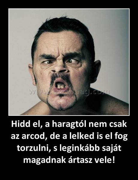 Hidd el, a haragtól nem csak az arcod, de a lelked is el fog torzulni, s leginkább saját magadnak ártasz vele!
 
