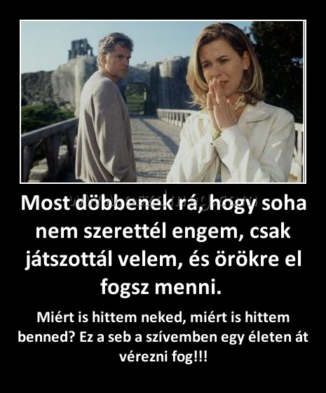 Most döbbenek rá, hogy soha nem szerettél engem, csak játszottál velem, és örökre el fogsz menni. 
 
Miért is hittem neked, miért is hittem benned? Ez a seb a szívemben egy életen át vérezni fog!!!