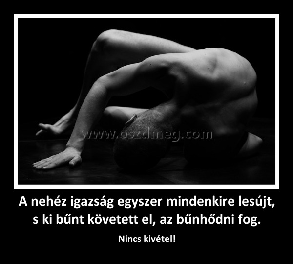 A nehéz igazság egyszer mindenkire lesújt, s ki bűnt követett el, az bűnhődni fog.
 
Nincs kivétel!