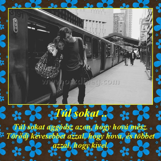 Túl sokat ..
 
Túl sokat aggódsz azon, hogy hová mész. Törődj kevesebbet azzal, hogy hova, és többet azzal, hogy kivel.