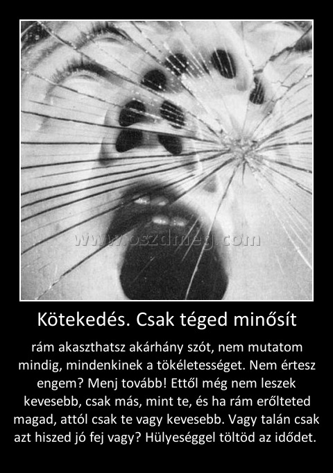 Kötekedés. Csak téged minősít
 
rám akaszthatsz akárhány szót, nem mutatom mindig, mindenkinek a tökéletességet. Nem értesz engem? Menj tovább! Ettől még nem leszek kevesebb, csak más, mint te, és ha rám erőlteted magad, attól csak te vagy kevesebb. Vagy talán csak azt hiszed jó fej vagy? Hülyeséggel töltöd az idődet. 