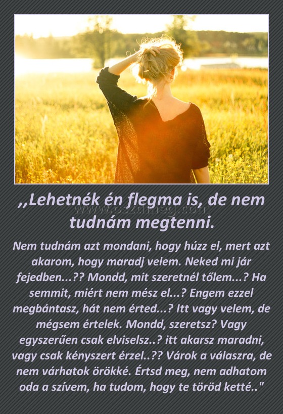 ,,Lehetnék én flegma is, de nem tudnám megtenni.
 
Nem tudnám azt mondani, hogy húzz el, mert azt akarom, hogy maradj velem. Neked mi jár fejedben...?? Mondd, mit szeretnél tőlem...? Ha semmit, miért nem mész el...? Engem ezzel megbántasz, hát nem érted...? Itt vagy velem, de mégsem értelek. Mondd, szeretsz? Vagy egyszerűen csak elviselsz..? itt akarsz maradni, vagy csak kényszert érzel..?? Várok a válaszra, de nem várhatok örökké. Értsd meg, nem adhatom oda a szívem, ha tudom, hogy te töröd ketté..