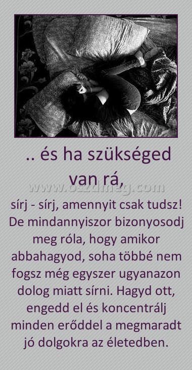  .. és ha szükséged van rá,
 
sírj - sírj, amennyit csak tudsz! De mindannyiszor bizonyosodj meg róla, hogy amikor abbahagyod, soha többé nem fogsz még egyszer ugyanazon dolog miatt sírni. Hagyd ott, engedd el és koncentrálj minden erőddel a megmaradt jó dolgokra az életedben.