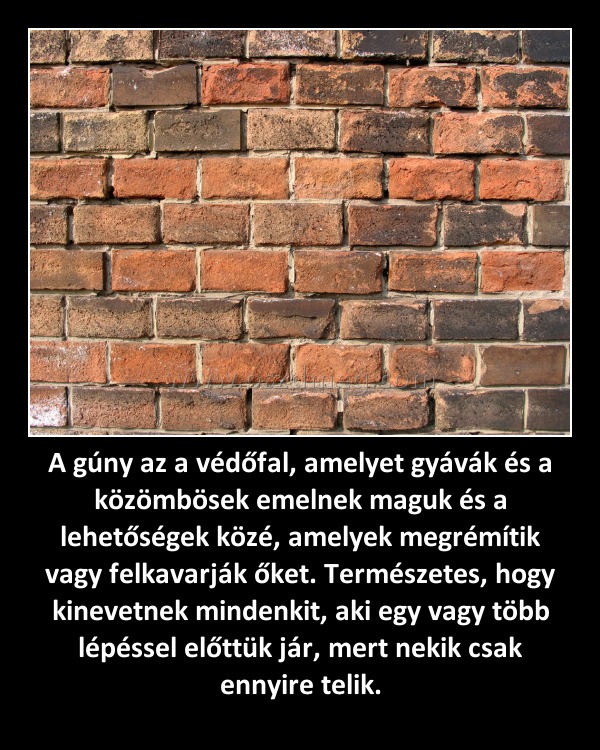 A gúny az a védőfal, amelyet gyávák és a közömbösek emelnek maguk és a lehetőségek közé, amelyek megrémítik vagy felkavarják őket. Természetes, hogy kinevetnek mindenkit, aki egy vagy több lépéssel előttük jár, mert nekik csak ennyire telik.
 
