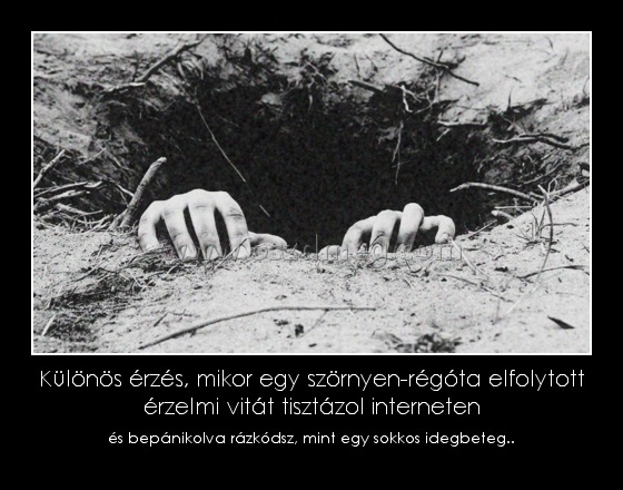 Különös érzés, mikor egy szörnyen-régóta elfolytott érzelmi vitát tisztázol interneten
 
és bepánikolva rázkódsz, mint egy sokkos idegbeteg..