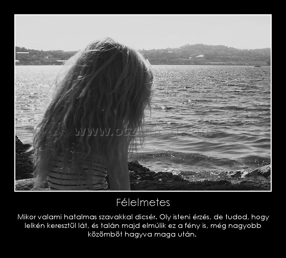 Félelmetes
 
Mikor valami hatalmas szavakkal dicsér. Oly isteni érzés, de tudod, hogy lelkén keresztül lát, és talán majd elmúlik ez a fény is, még nagyobb közömböt hagyva maga után. 