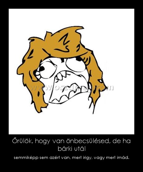 Őrülök, hogy van önbecsülésed, de ha bárki utál
 
semmiképp sem azért van, mert irigy, vagy mert imád.